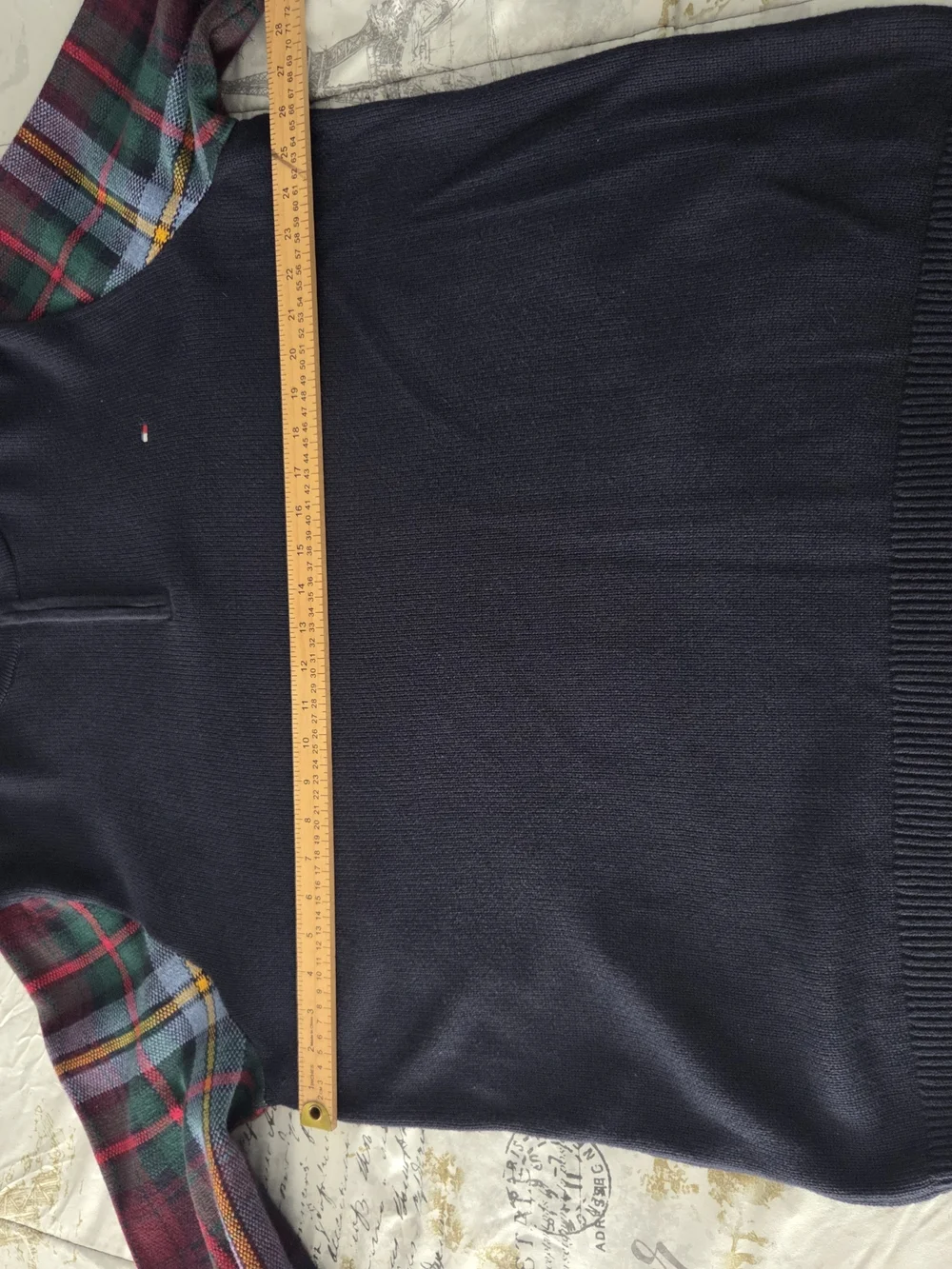 Tommy Hilfiger Navy Half-Zip Sweater with Plaid Sleeves